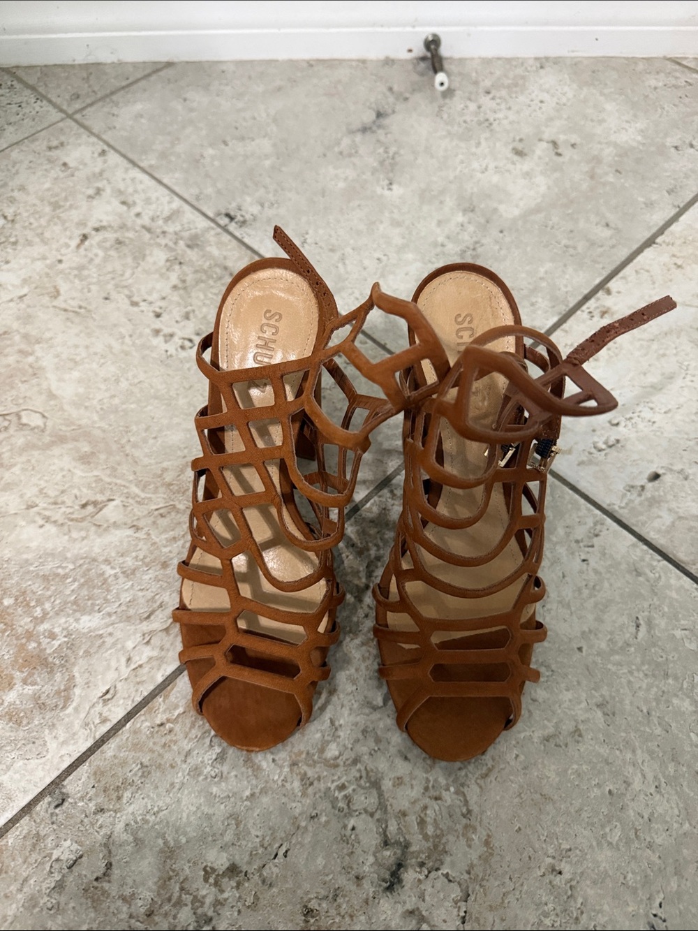 SCHUTZ Brown Woven Cage Block Heel Sandal